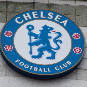 Chelsea Badge in front of Stamford Bridge